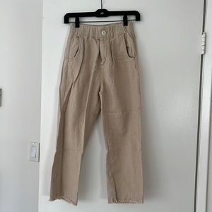 Cream elastic waist easy pants with frayed hems